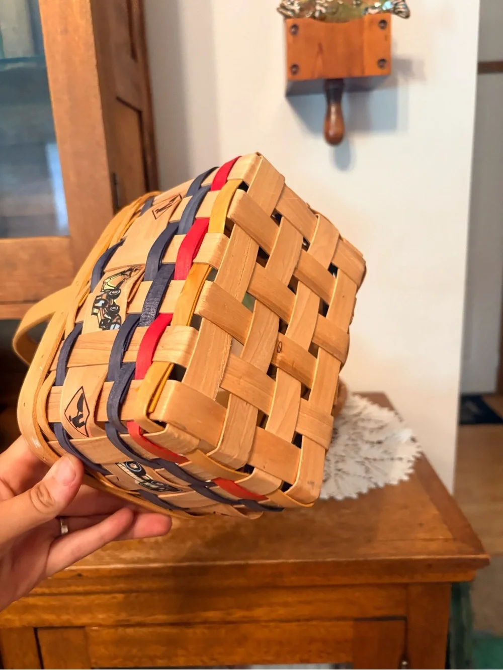 Vintage Wood Woven Basket with Construction Themed Display